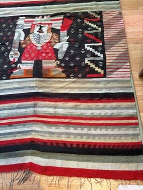 Vintage Mayan Wool Rug Woven Aztec Zapotec Mexican 84x57 Striped Quetzalcoatl
